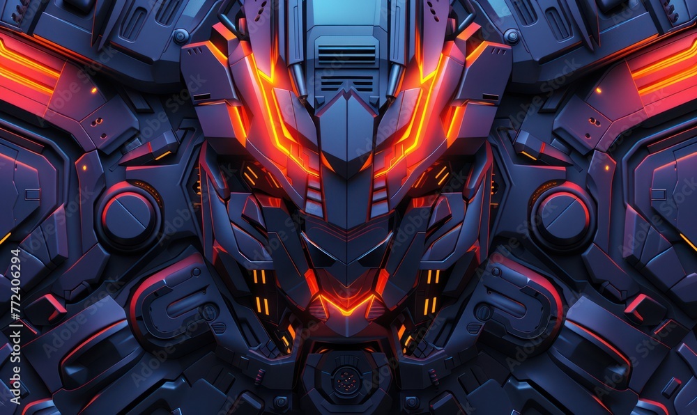 Poster this image showcases a close-up of a robotic face with intricate designs and glowing orange elements