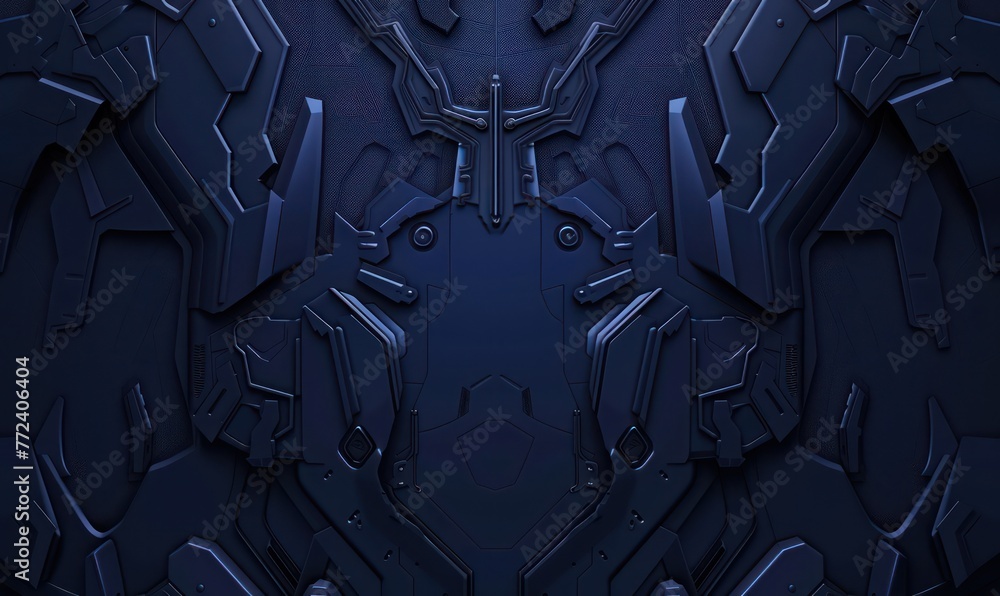 Poster a visually striking image of a futuristic armored design, featuring symmetrical robotic elements in 