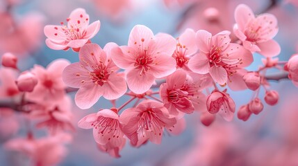  A macro shot of a cherry blossom on a twig with nearby blooms, against a cerulean canvas