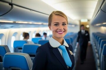 Professional Smiling flight attendant. Work tourism female. Generate Ai