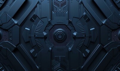 This image showcases a detailed and intricate design of a futuristic, symmetrical blue metallic surface that resembles robotic armor or spacecraft hull