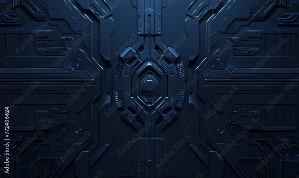 Poster mysterious and intricate high-tech panel design, with dark blue tones, symmetrical patterns, and an 