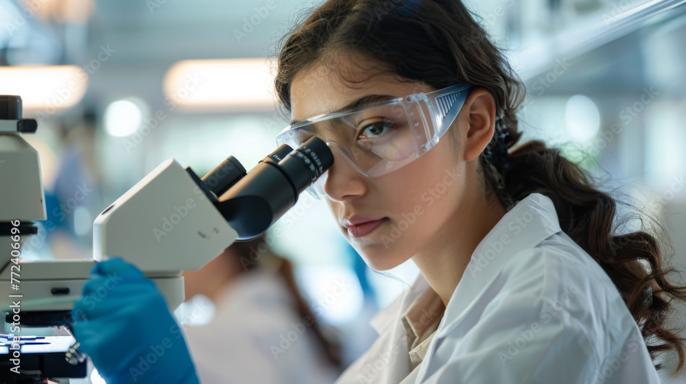 Poster a scientist is examining a specimen through a microscope in a modern laboratory setting.
