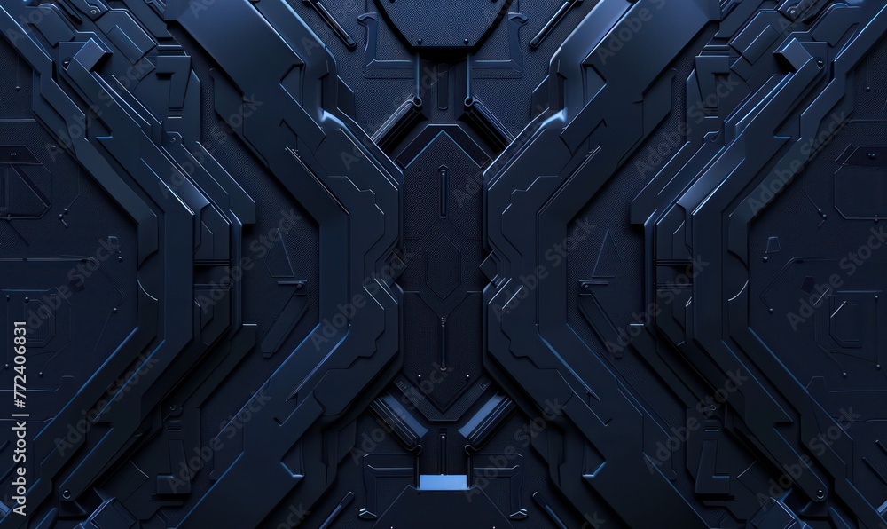 Poster a dark, intricate, symmetrical metallic pattern with a futuristic feel, focusing on geometric and an