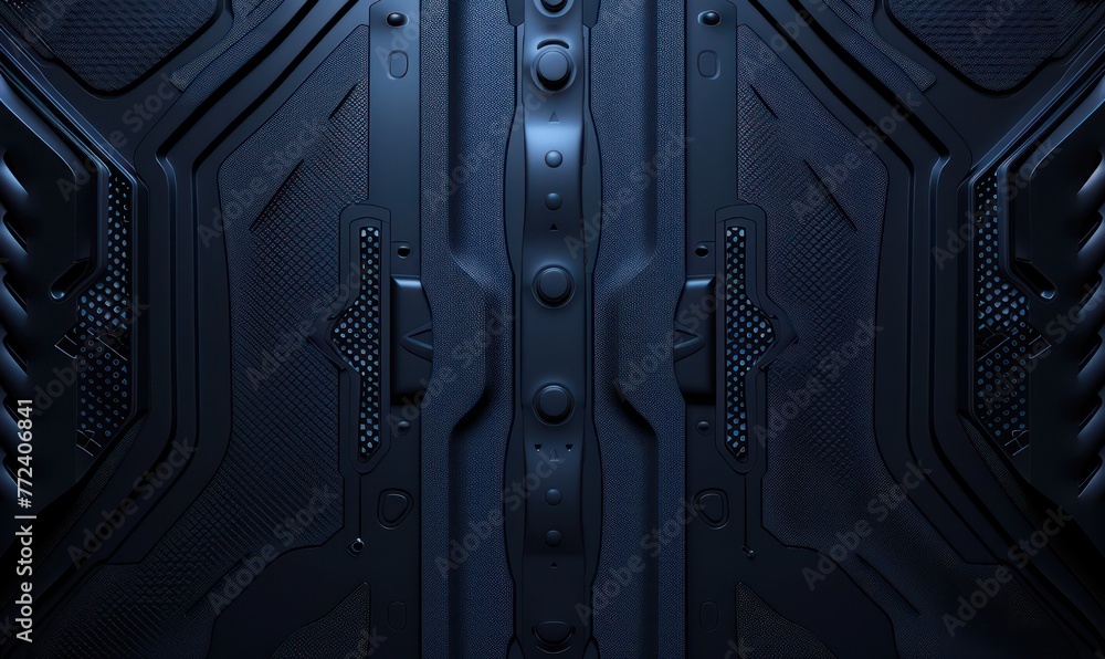 Poster a visually intriguing image of a futuristic dark blue textured panel with symmetrical patterns and a
