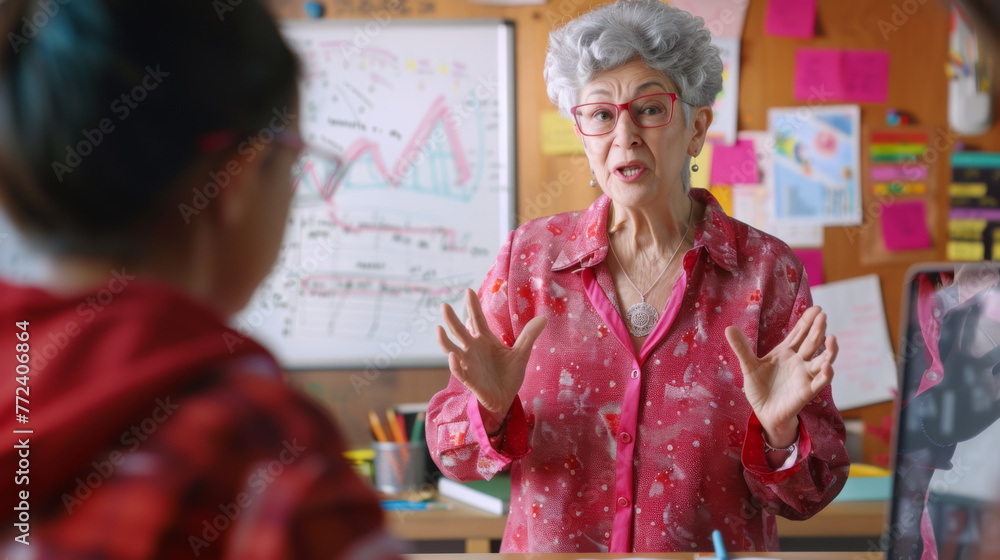 Poster an educator discusses a topic with visible graphs on the whiteboard behind her.