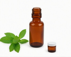 Medicine bottle of brown glass pill and mint,cut out on white background