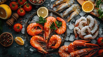 Various seafood displayed on table for delicious recipes - obrazy, fototapety, plakaty
