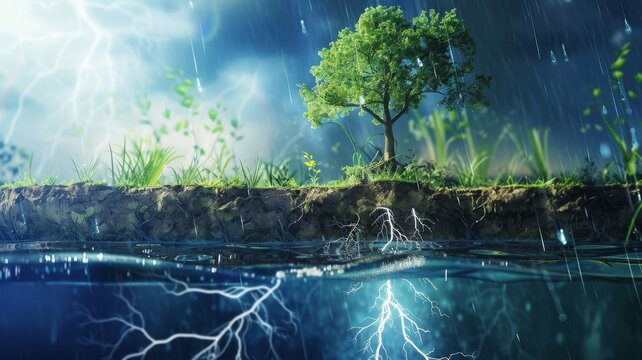 The role of lightning in the nitrogen cycle and its environmental impact, illustrated explanation hyper realistic