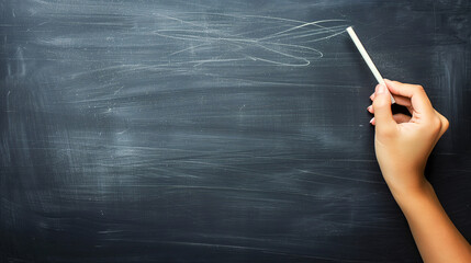 Frame design for teachers' day or back to school season. A hand holding a chalk is writing on a clean blackboard with blank space for text.