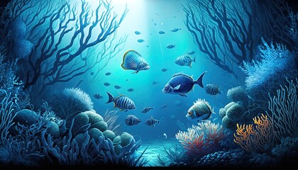 Illustration the blue underwater scenery very beautiful Generate AI