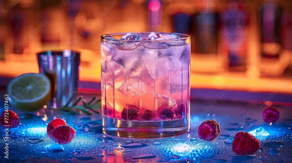 Poster a close-up of a drink in a glass with ice and raspberries on a table next to a lime