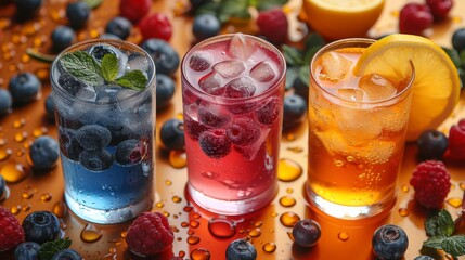  Three glasses of iced tea with berries and lemon on a table with oranges, raspberries, and blueberries