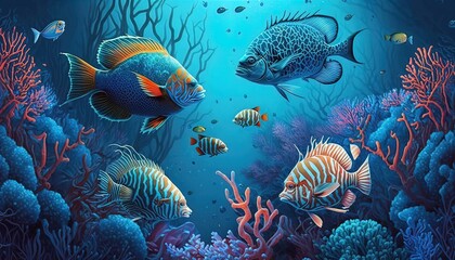 Naklejka na ściany i meble Illustration the blue underwater scenery very beautiful Generate AI