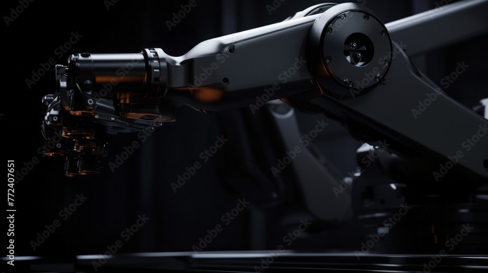 Poster Close-up of a robotic arm with artificial intelligence ready to work in the production of computers on a black background