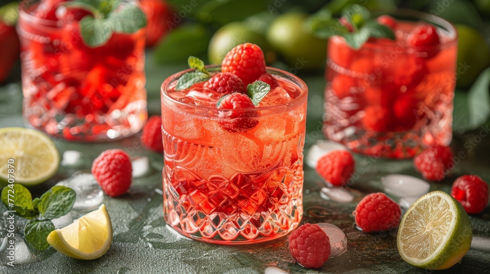 Aufkleber a glass of raspberry lemonade surrounded by limes and raspberries on a table