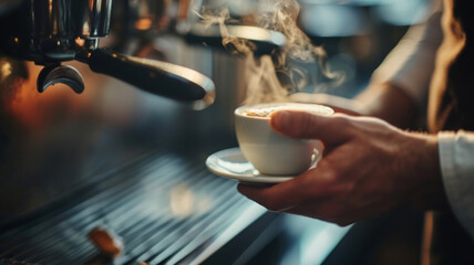 Close-up of  hands holding a steaming espresso cup focused on the cup with a blurred background of...