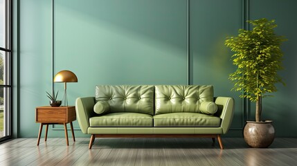 A green couch sits in front of a wall with a green accent wall. A potted plant sits on the floor next to the couch. The room has a modern and minimalist design, with a focus on clean lines