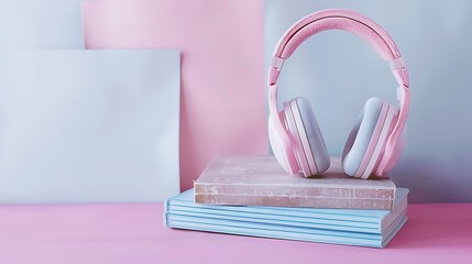 headphones and books on minimalist background with pastel colors