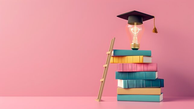 heap of books for studying and ladder leading to bulb in graduation cap for concept of education and university degree against isolated pink background
