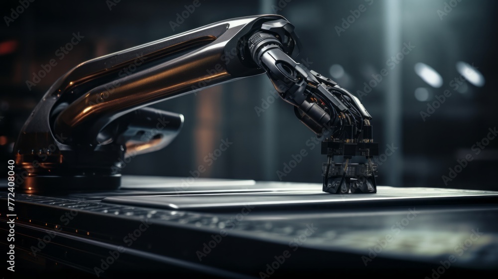 Poster Close-up of a robotic arm with artificial intelligence ready to work in the production of computers on a black background