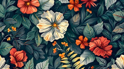 Floral Elegance: Seamless Leaf and Flower Pattern Wallpaper