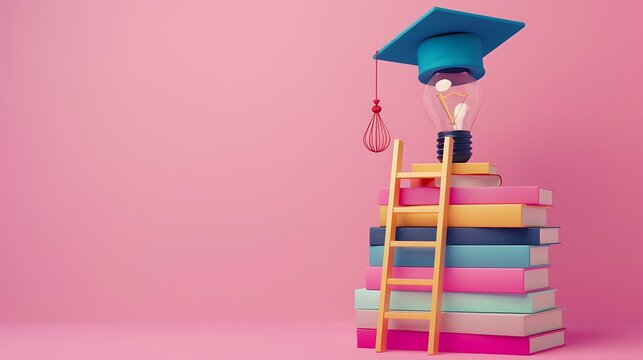 heap of books for studying and ladder leading to bulb in graduation cap for concept of education and university degree against isolated pink background