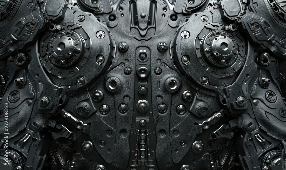 Poster a symmetrical pattern of what seems to be engine parts or machinery with intricate details and a str