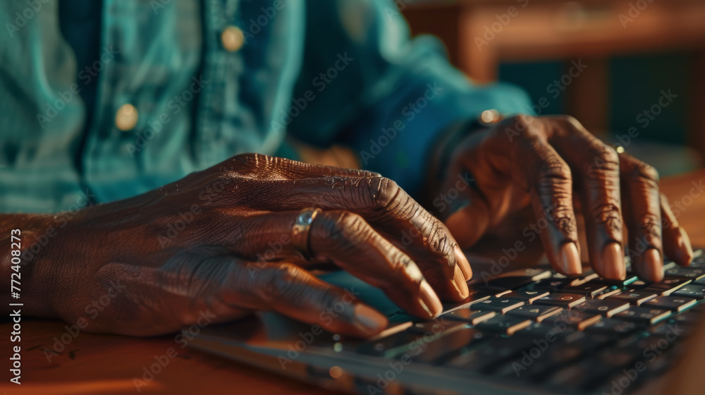 Poster close-up of hands typing on a backlit laptop keyboard in a dimly lit setting.