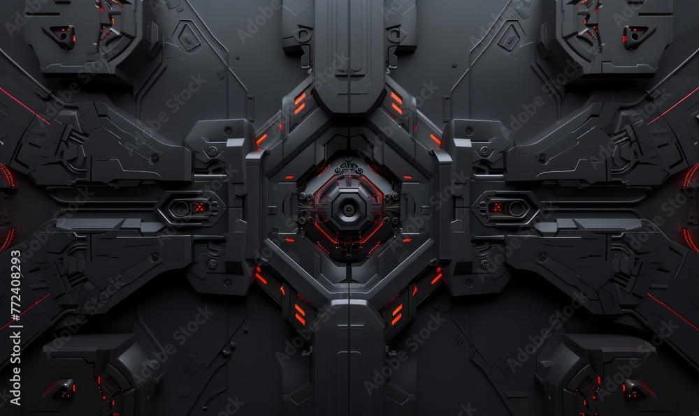 Poster an intricate 3d model of a high-tech panel with red lights contrasts sharply against the black metal