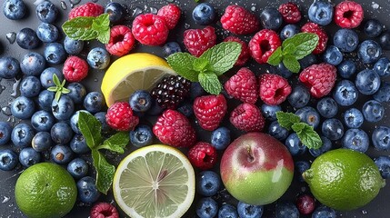  Berries, lemons, raspberries, and limes are arranged on a black surface