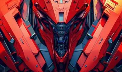 Futuristic cyberpunk background featuring a 3D graphic of a robot face portraying a spacer. The design incorporates robotic elements and red and black colors - obrazy, fototapety, plakaty