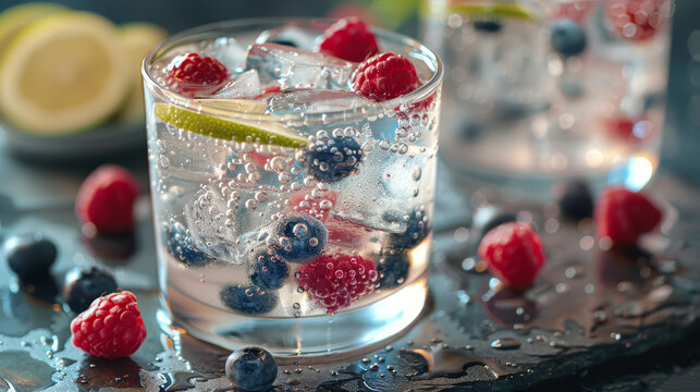  Raspberries, blueberries, and lime wedges in a glass of ice-cold water with a squeeze of fresh lemon juice