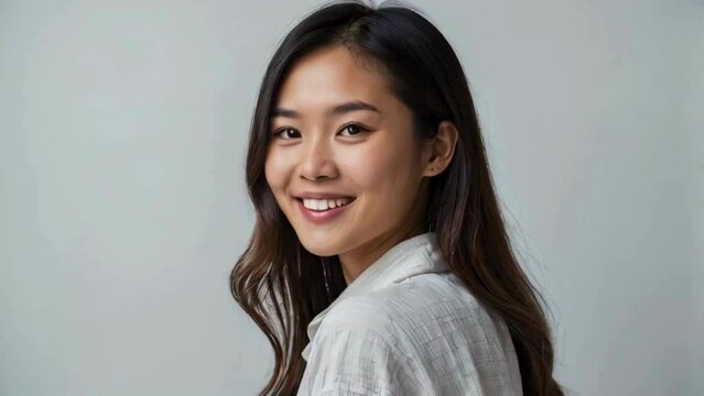 beautiful young asian woman smiling while looking at the camera on a clean white background