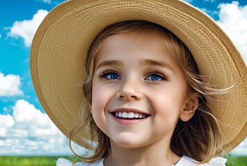 Close up portrait happy smiling little girl 4 year old in sun hat looking at camera at blue sky with clouds background. Kid face in summertime holiday. Travel vacation concept. Copy text space