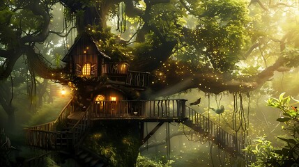 Fantasy tree house in deep forest