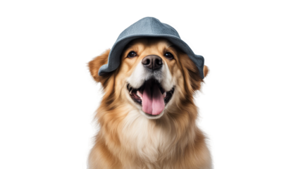 Happy golden retriever dog with hat isolate on transparent background, cutout, png