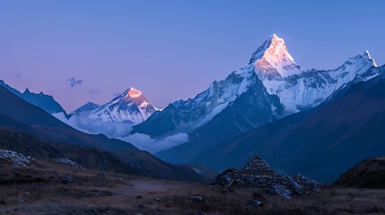 Evening view of ama dablam on the way to everest base camp - obrazy, fototapety, plakaty