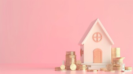 House and stacking coins and banknotes on pink background - obrazy, fototapety, plakaty