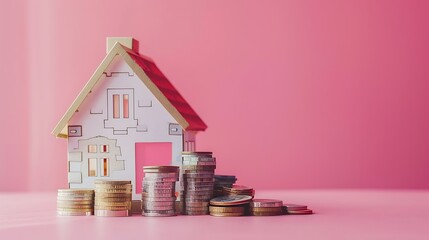 House and stacking coins and banknotes on pink background