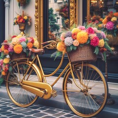 Fototapeta na wymiar A Vintage Golden Bicycle with Baskets of Flowers