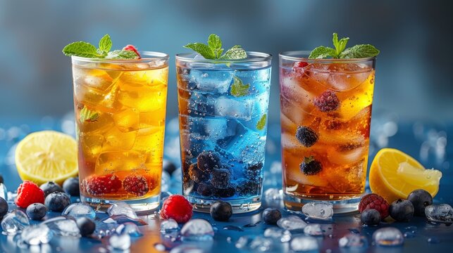  Three glasses with distinct drink types beside lemons, raspberries, and blueberries