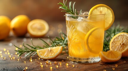  A glass of refreshing lemonade, garnished with fresh rosemary on the edge and a tangy lemon slice nearby - obrazy, fototapety, plakaty