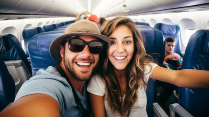 A man and woman are smiling at the camera on an airplane