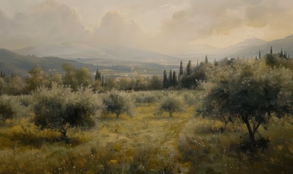 Depicting historical imagery with light brown and gray tones, a painting of an olive field from the 1850s evokes an atmosphere of chalky, dark beige, soft, and muted tones.
