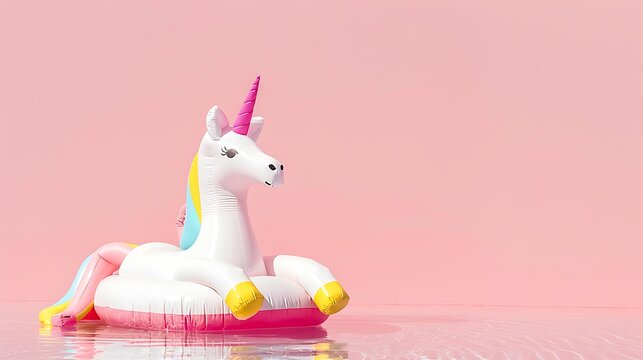 Inflatable unicorn pool toy on pastel pink background