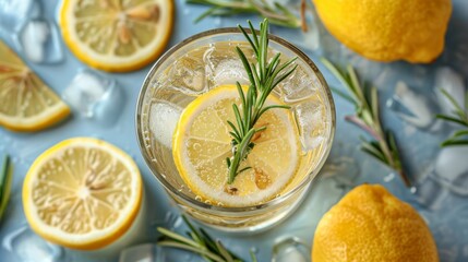  A glass of lemonade garnished with a rosemary sprig, surrounded by lemons and rosemary