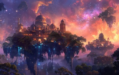 A floating island, lush with greenery, is set against a vibrant nebula, with towers and domes blending into the cosmic environment. Bioluminescent plants and magical runes further enrich the mystical  - obrazy, fototapety, plakaty