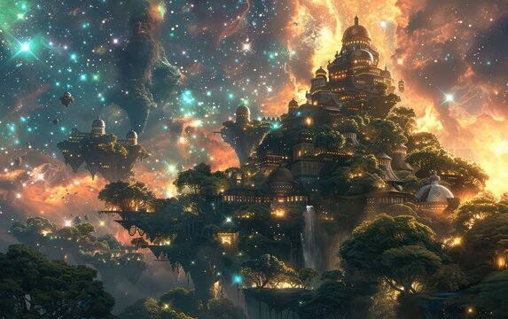 A floating island, lush with greenery, is set against a vibrant nebula, with towers and domes blending into the cosmic environment. Bioluminescent plants and magical runes further enrich the mystical 