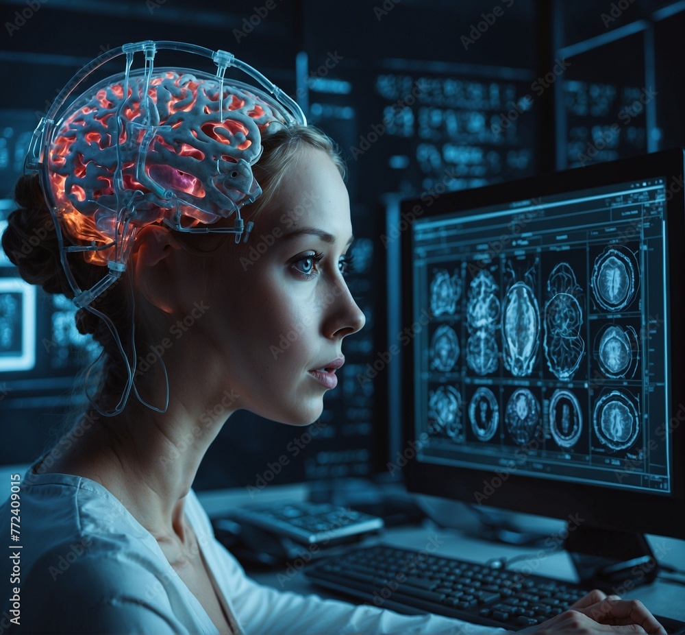 Poster portrait of a young female scientist looking at a computer monitor with brain highlighted in red
